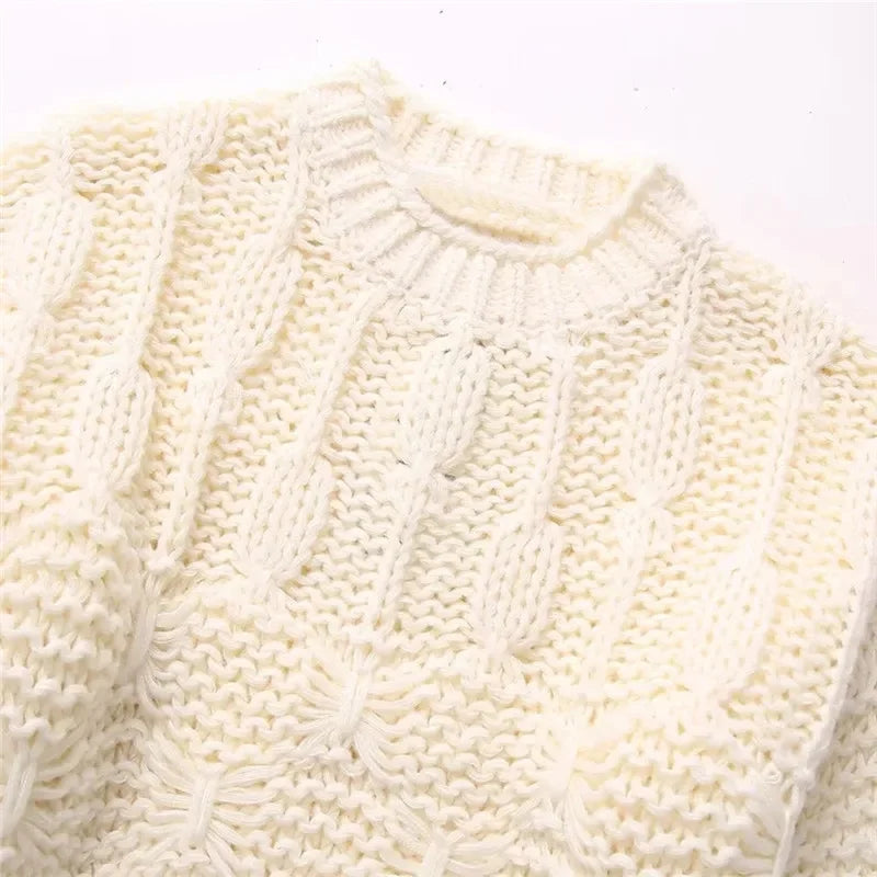 M&T Wear - Women's Beige Cropped O-Neck Knitted Pullover