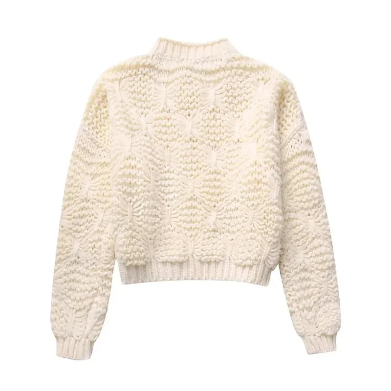 M&T Wear - Women's Beige Cropped O-Neck Knitted Pullover