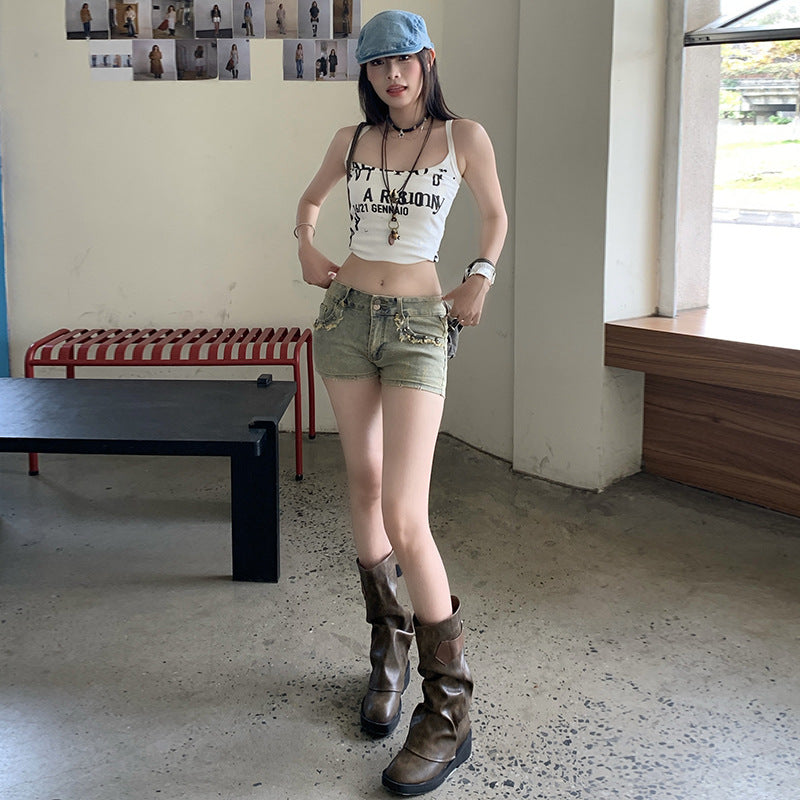 M&T Wear - Women's High-Stretch Low-Rise Denim Hot Pants (Petite Fit)