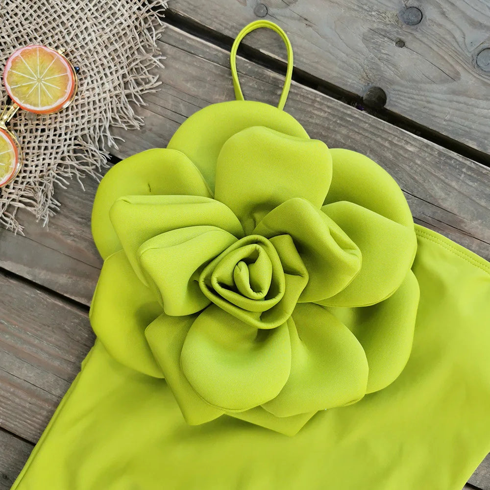 M&T Wear - Women's 3D Floral One-Shoulder Swimsuit & Skirt Set