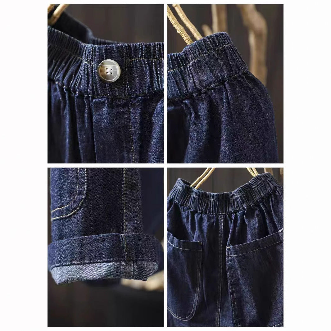 M&T Wear - Women's "Literary Style" Elastic Waist Loose Denim Bermuda Shorts