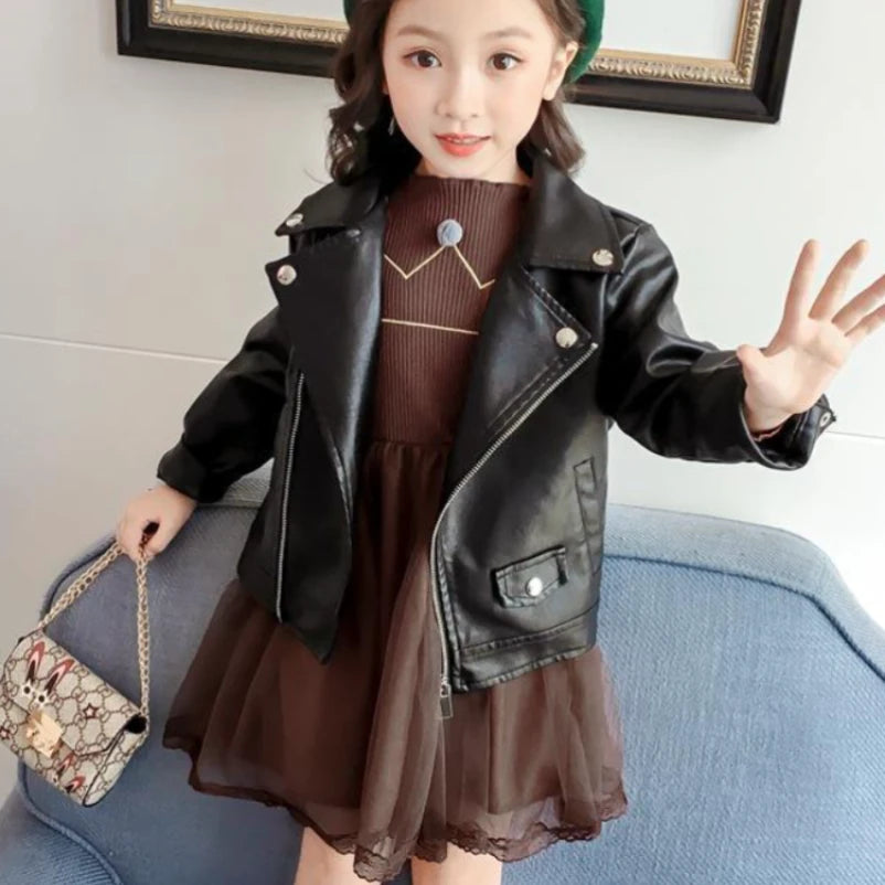 M&T Wear - Girls Jacket Leather Motorcycle Kids Coats Fleece Children Jacket Winter Autumn - M&T Wear