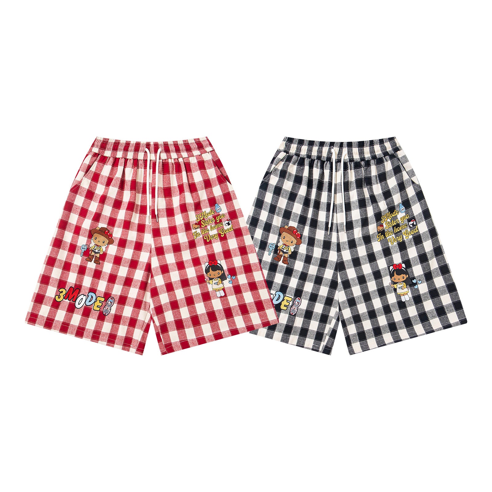 M&T Wear - Unisex Retro Cartoon Embroidered Plaid Loose Shorts