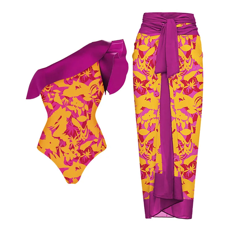 M&T Wear - Women's One-Shoulder Ruffle Swimsuit & Matching Sarong Set