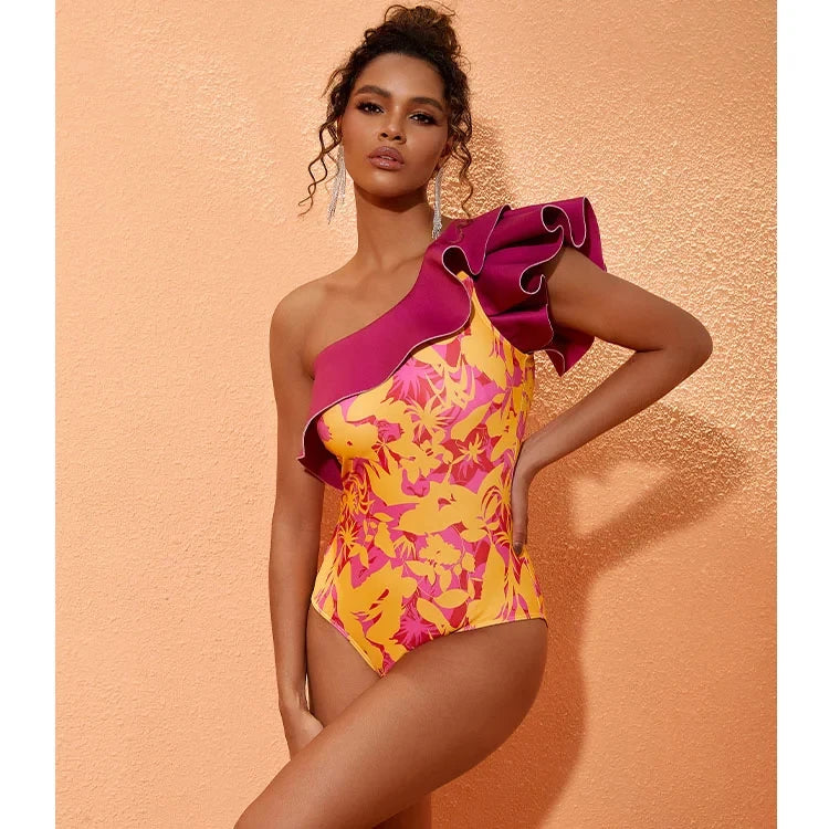 M&T Wear - Women's One-Shoulder Ruffle Swimsuit & Matching Sarong Set