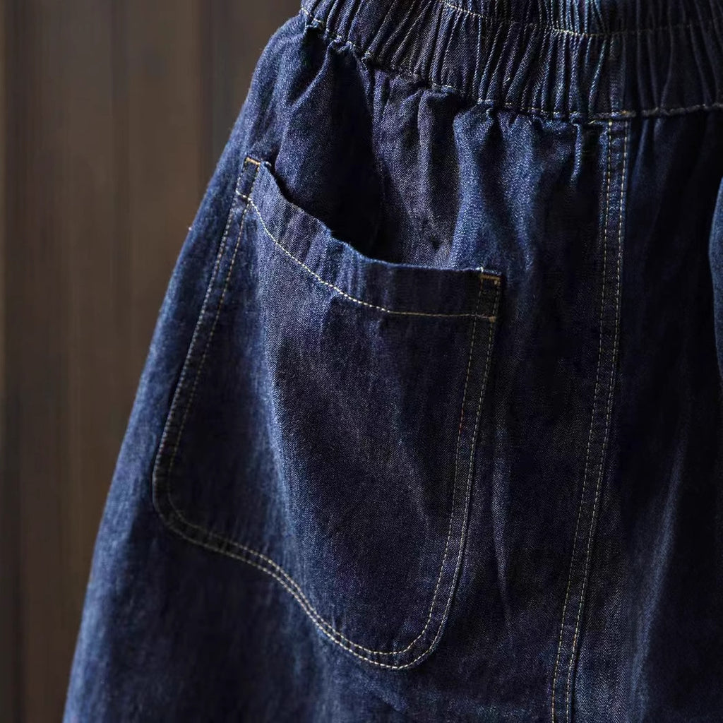 M&T Wear - Women's "Literary Style" Elastic Waist Loose Denim Bermuda Shorts