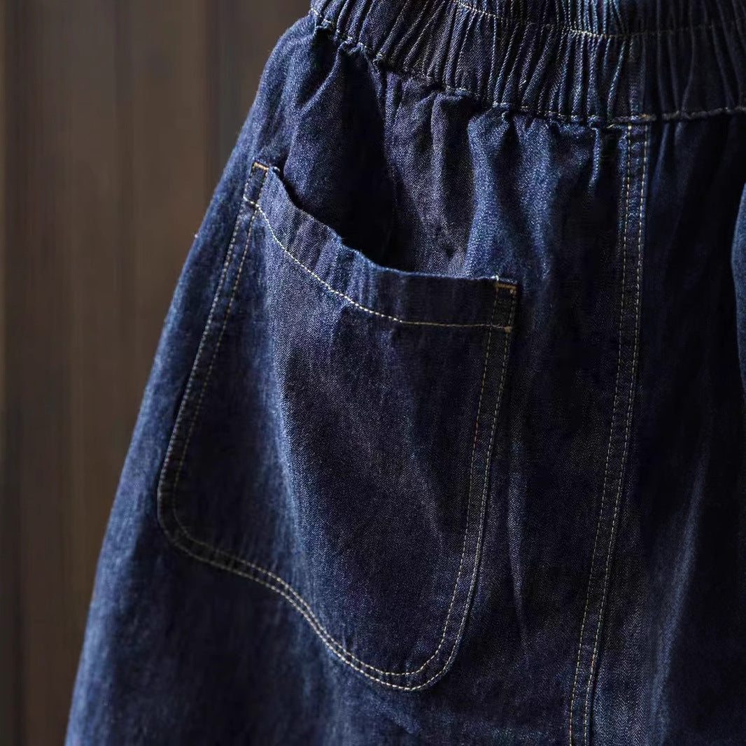 M&T Wear - Women's "Literary Style" Elastic Waist Loose Denim Bermuda Shorts