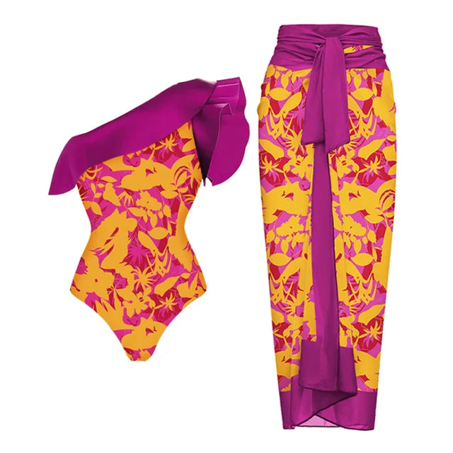 M&T Wear - Women's One-Shoulder Ruffle Swimsuit & Matching Sarong Set