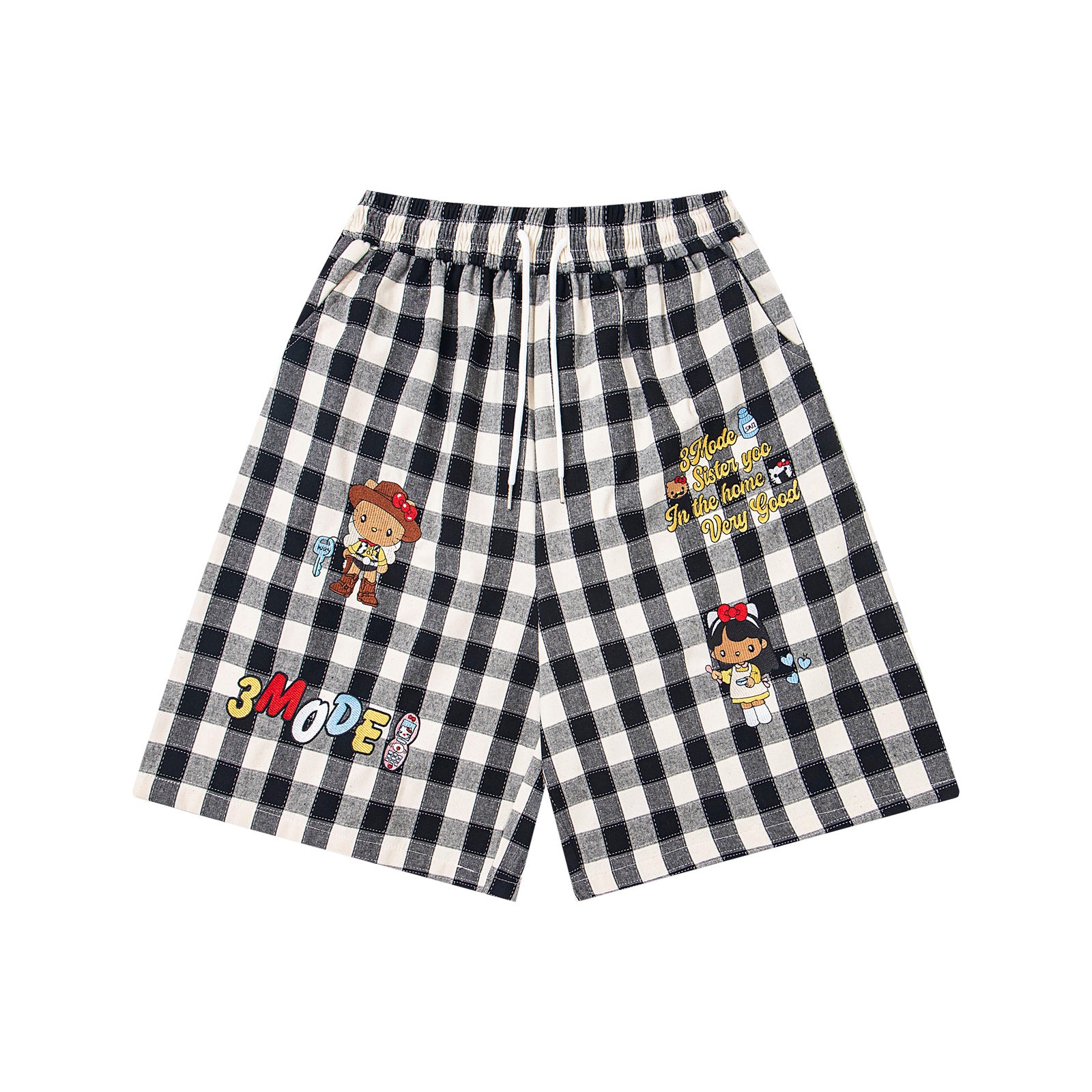 M&T Wear - Unisex Retro Cartoon Embroidered Plaid Loose Shorts