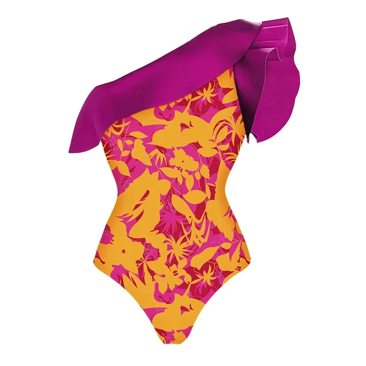 M&T Wear - Women's One-Shoulder Ruffle Swimsuit & Matching Sarong Set