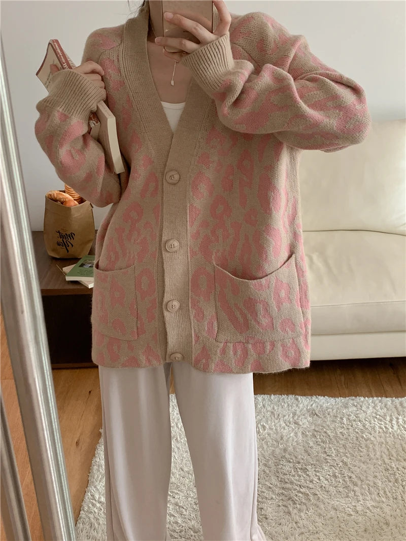 M&T Wear - Women's Korean Style Oversized Leopard Knit Cardigan