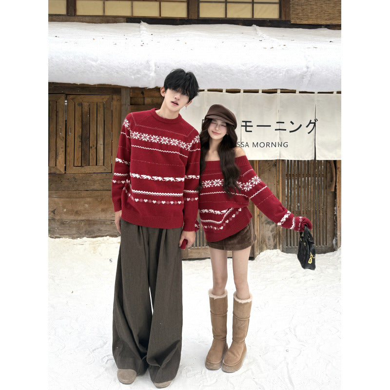 M&T Wear - Matching Couples' Thick Red Knitted Winter Sweaters