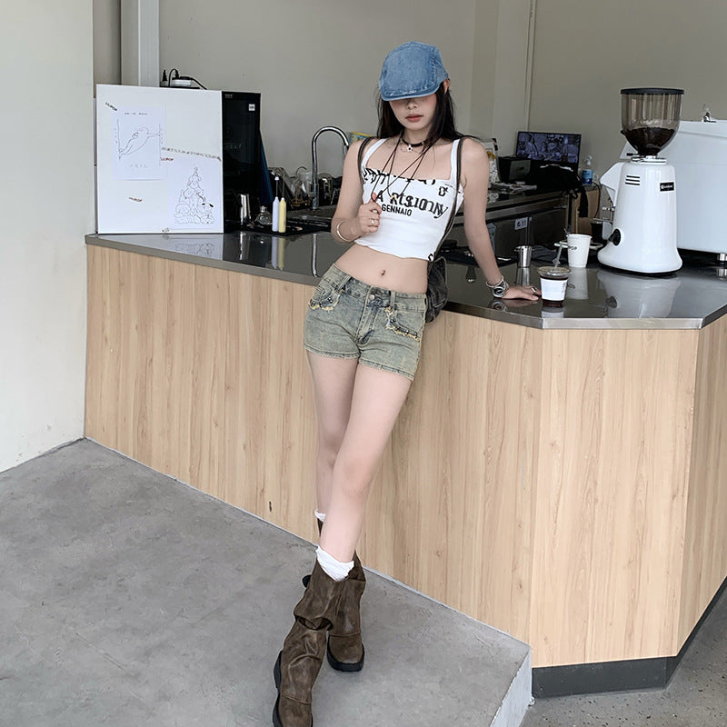 M&T Wear - Women's High-Stretch Low-Rise Denim Hot Pants (Petite Fit)