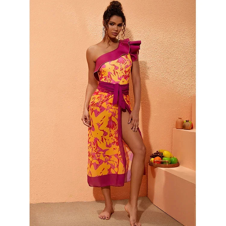 M&T Wear - Women's One-Shoulder Ruffle Swimsuit & Matching Sarong Set