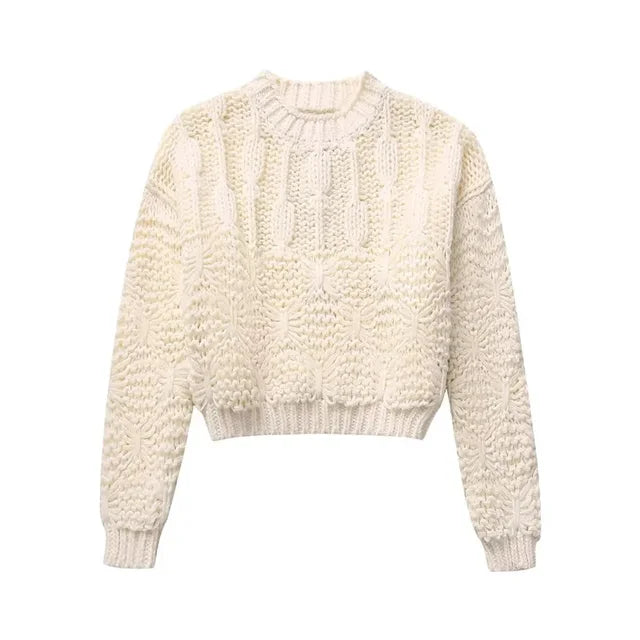M&T Wear - Women's Beige Cropped O-Neck Knitted Pullover