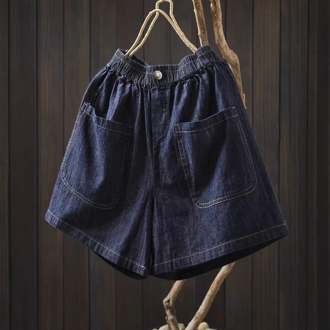 M&T Wear - Women's "Literary Style" Elastic Waist Loose Denim Bermuda Shorts