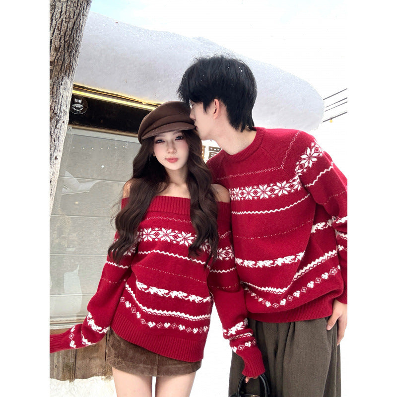 M&T Wear - Matching Couples' Thick Red Knitted Winter Sweaters