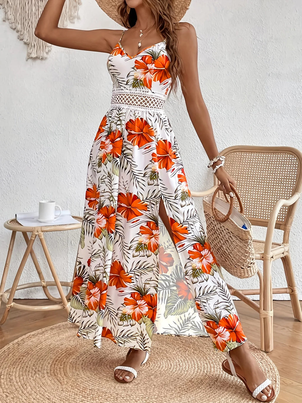 Tropical Print Lace Patchwork Maxi Cami Dress