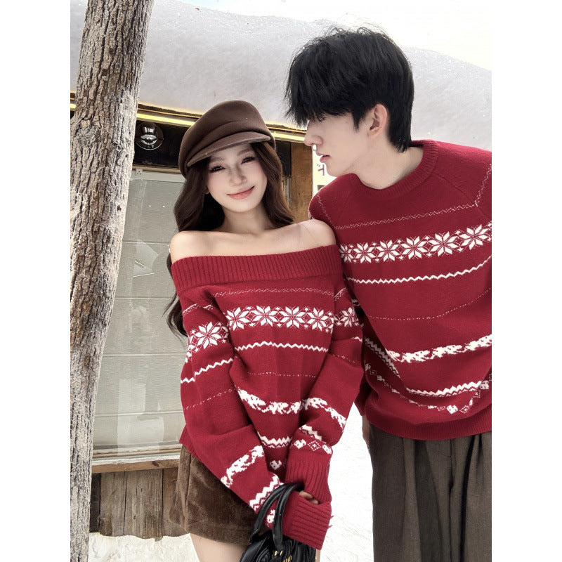 M&T Wear - Matching Couples' Thick Red Knitted Winter Sweaters