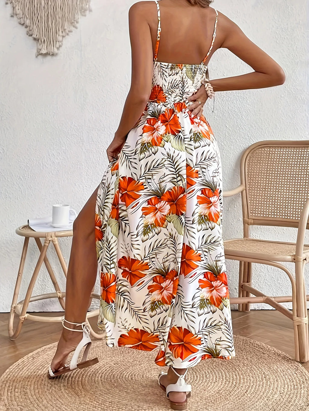 Tropical Print Lace Patchwork Maxi Cami Dress