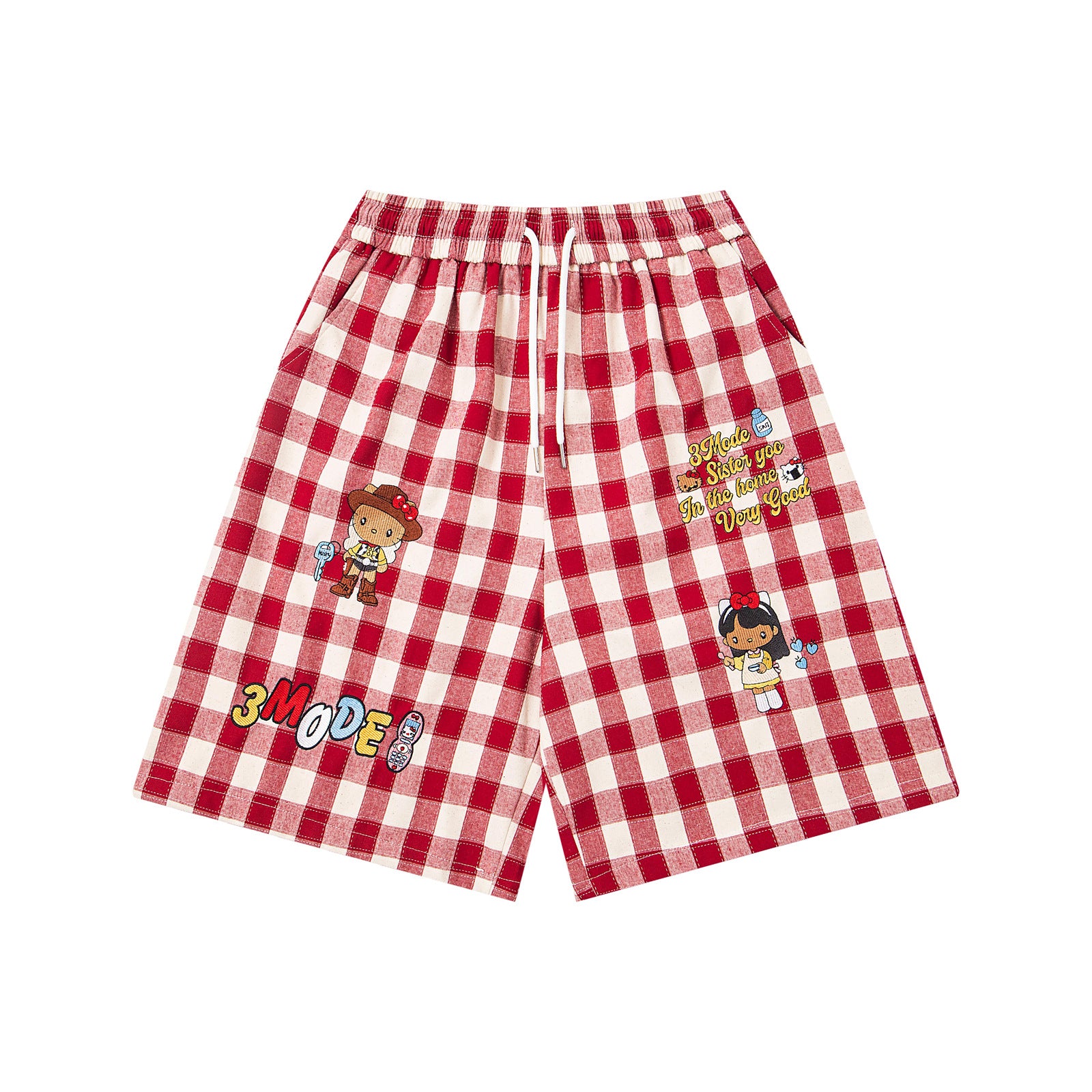 M&T Wear - Unisex Retro Cartoon Embroidered Plaid Loose Shorts
