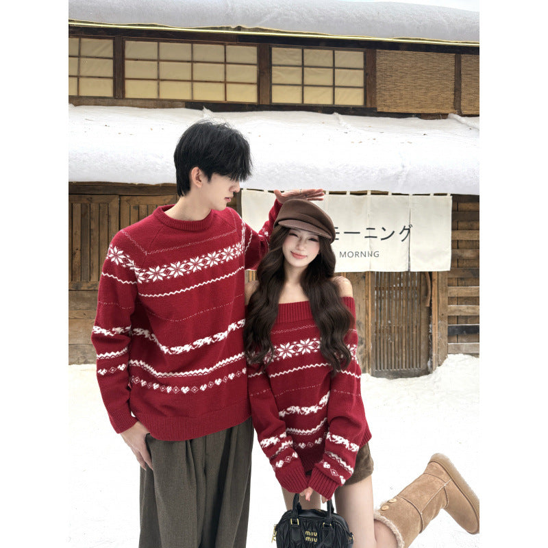 M&T Wear - Matching Couples' Thick Red Knitted Winter Sweaters