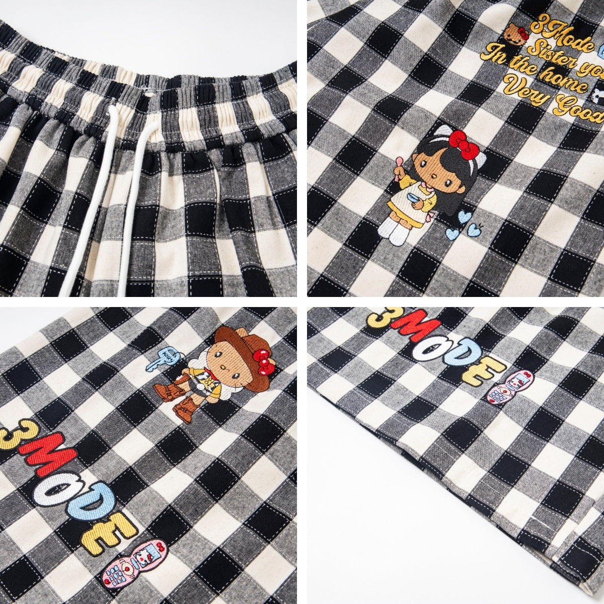 M&T Wear - Unisex Retro Cartoon Embroidered Plaid Loose Shorts