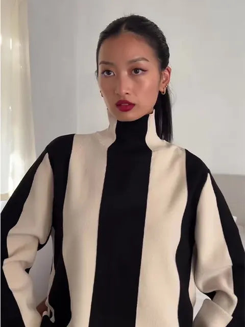 M&T Wear - Women's Elegant Vintage Striped Turtleneck Pullover