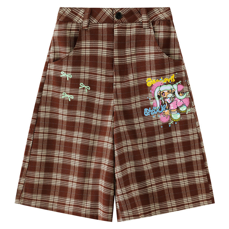 M&T Wear - Women's "Brownish Red" Plaid Cartoon Loose Capri Pants