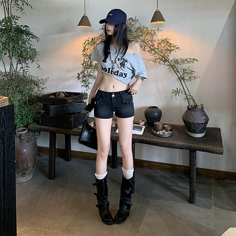 M&T Wear - Women's High-Stretch Low-Rise Denim Hot Pants (Petite Fit)