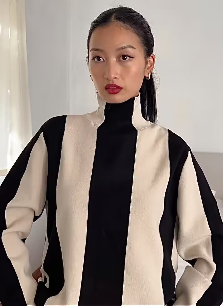 M&T Wear - Women's Elegant Vintage Striped Turtleneck Pullover