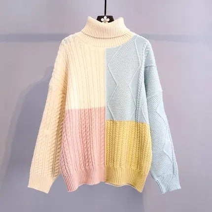 M&T Wear - Women's Color Block Wool Blend Turtleneck Sweater