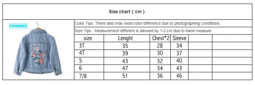 M&T Wear - Girls Jeans  Jackets Kids Coats Outerwear Embroidered Long Sleeve Button Denim Jackets For Girls Clothes 2-8 - M&T Wear