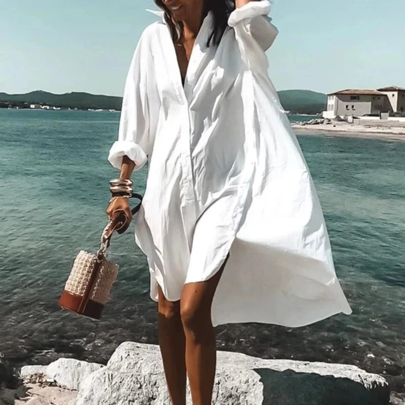 Printed Loose V-Neck Shirt Dress