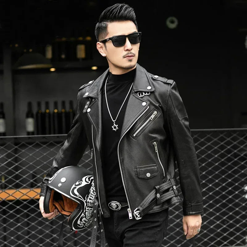 M&T Wear - Men Outdoor Sport Leather Jacket Motorcycle Cool Coat Jacket Men Lapel Leather Jackets Mens Fashion Clothing Real Leather Coat - M&T Wear