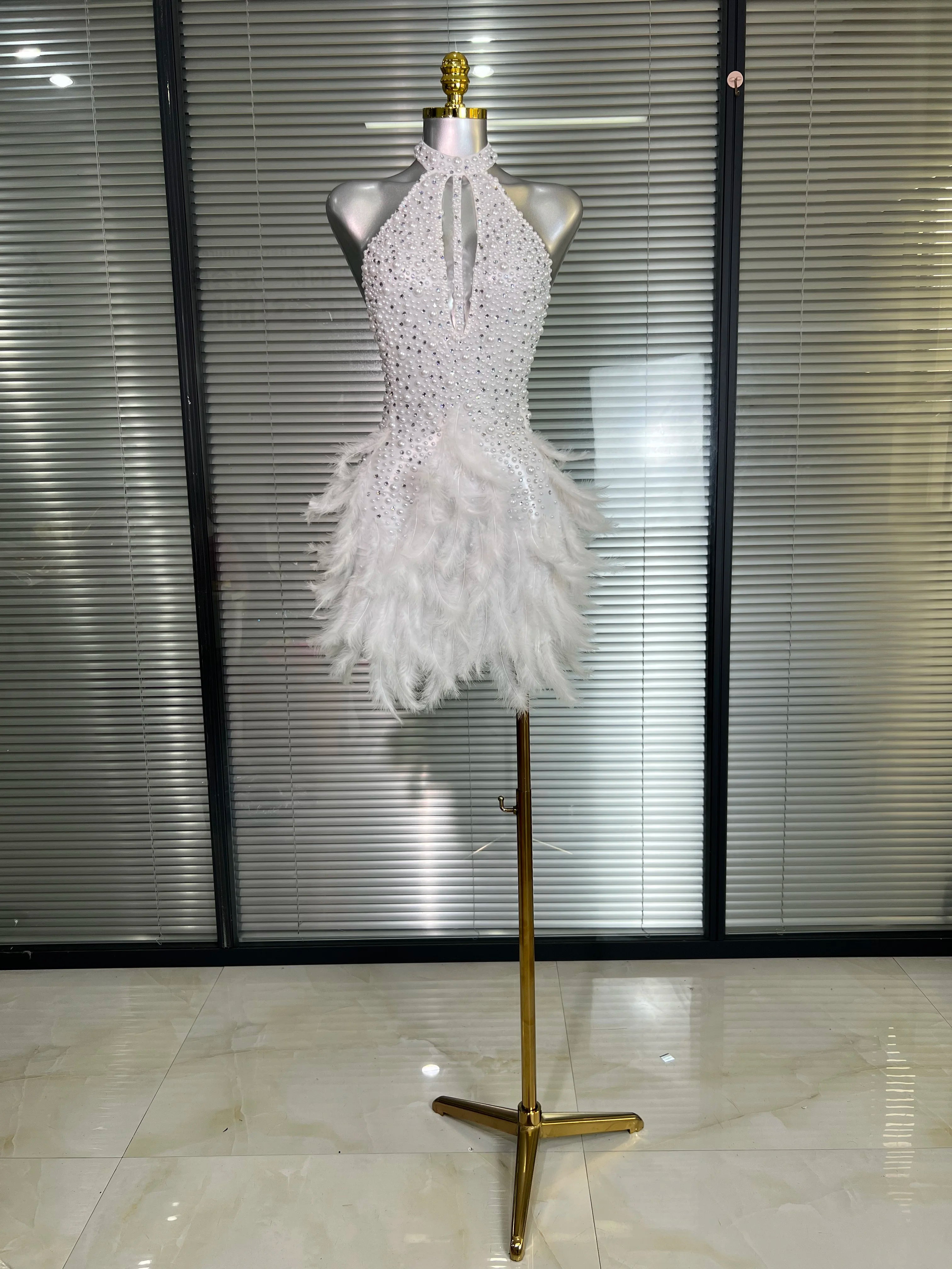 M&T Wear - Women Sexy White Backless Mesh Crystal Diamonds Feathers Performance Costume Stage Dancer Mini Stretchy Night Club Party Dress - M&T Wear