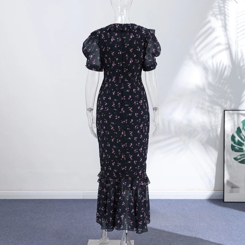 Elegant Lace-Trim V-Neck Maxi Dress