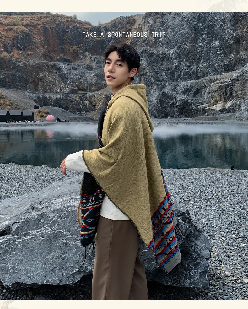 M&T Wear - Winter New Bohemian Shawl Men Ponchos Cashmere Blend Cape Coat Fringe Poncho Vintage Tassel Scarf Hooded Wraps Outwear - M&T Wear
