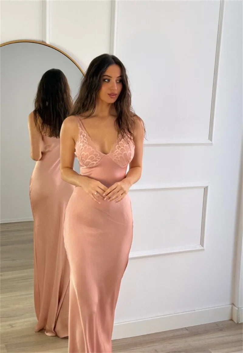 Blifanbo Lace Patchwork Satin Maxi – Backless Bodycon Party Dress