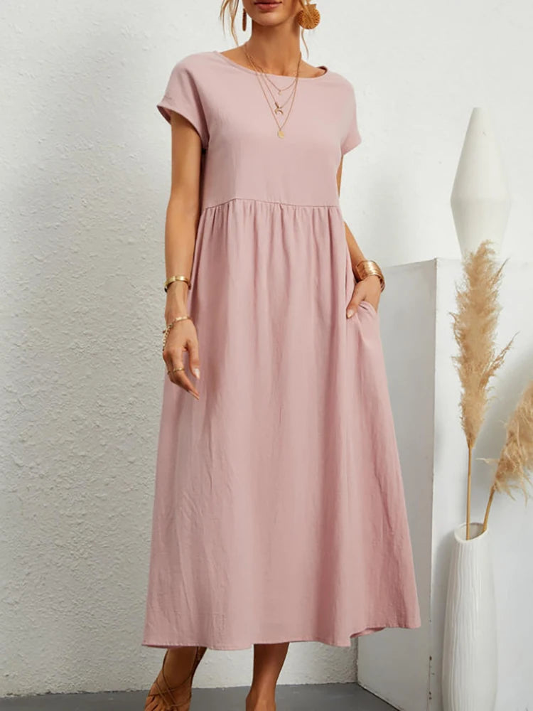 Elegant Solid Cotton-Linen Maxi Dress