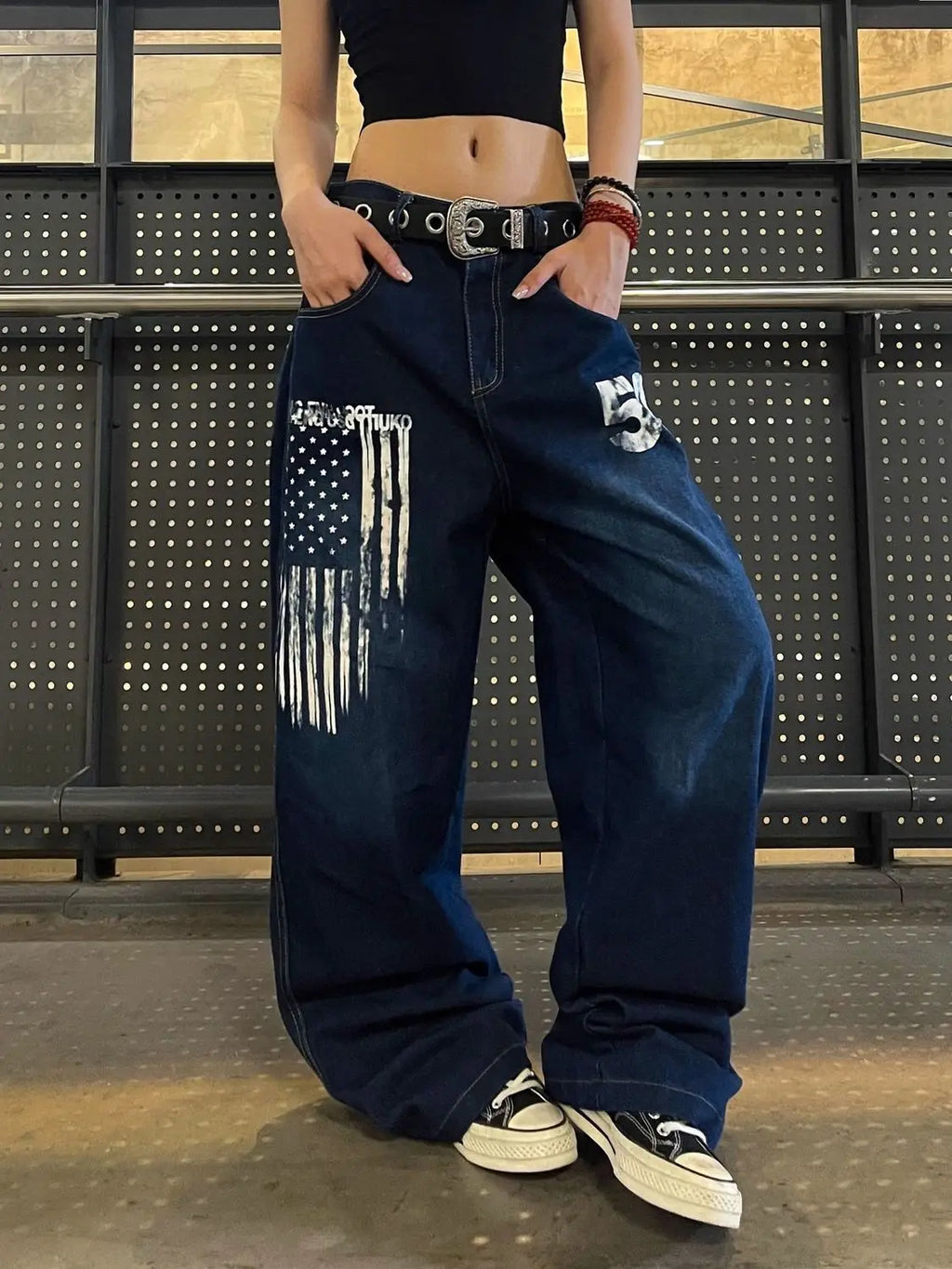 Retro Personality Print High-Waisted Wide-Leg Jeans