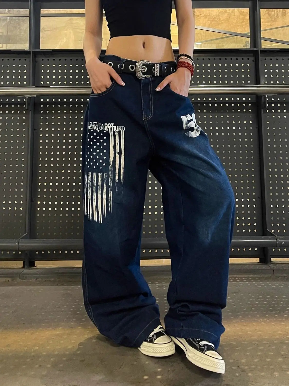 Retro Personality Print High-Waisted Wide-Leg Jeans
