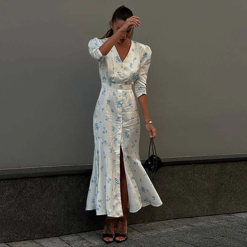 Vintage Polka Dot Puff-Sleeve Maxi Dress