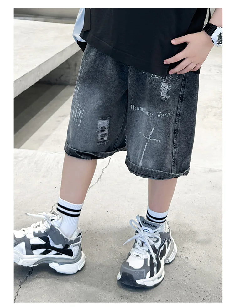 M&T Wear - Boys’ Black Ripped Loose Fit Denim Shorts