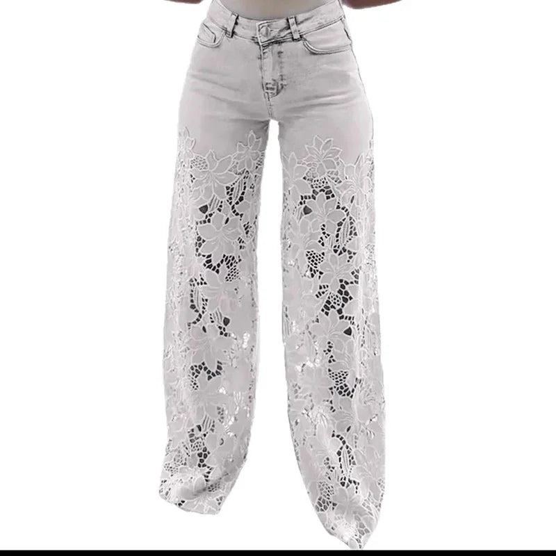 High-Waist Lace Splicing Ankle Jeans