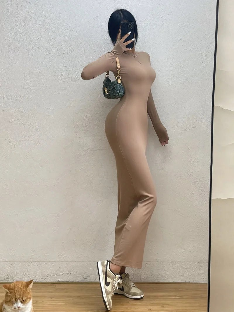 Simple Round-Neck Slim Maxi Dress