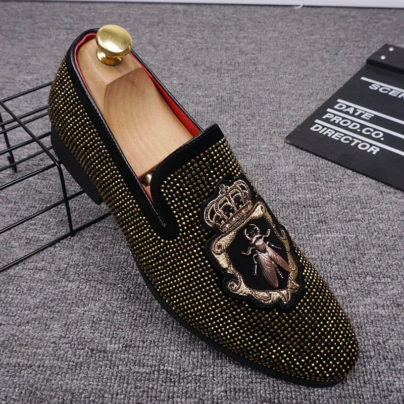 M&T Wear - New Shoes for Men Leather Casual Shoes Luxury Pointed Toe Party Dress Shoes Street Trend Slip-on Rhinestone Crown Loafers - M&T Wear