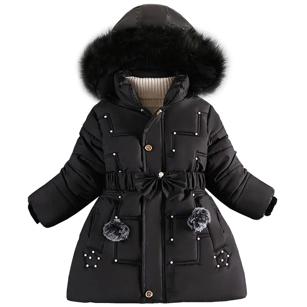M&T Wear - Children's Winter Jacket Thick Warm Fur Collar Hood Beads Elastic Waist Teens Girls Down Coat,Fashion Windproof Kids Overcoat - M&T Wear