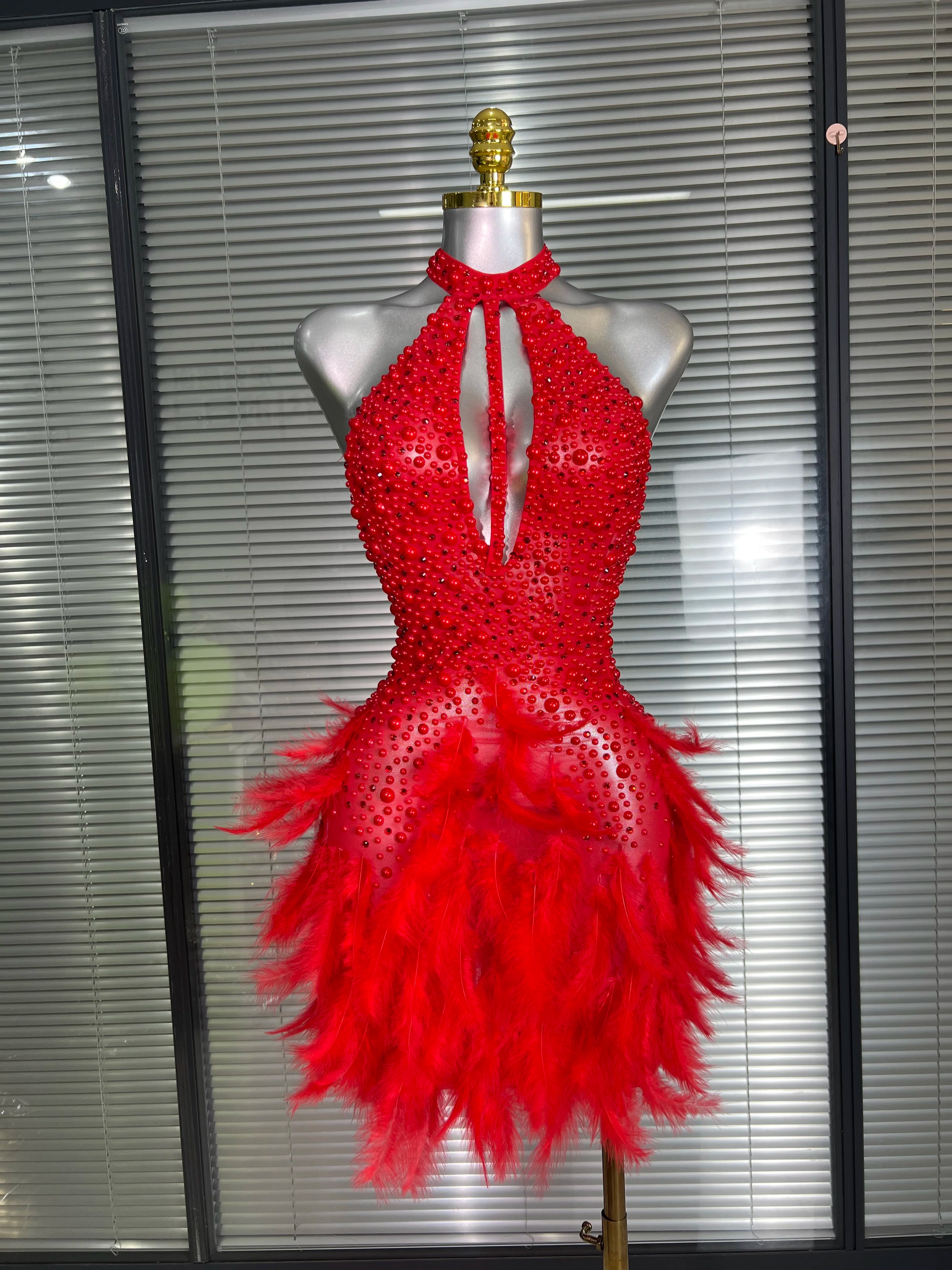 M&T Wear - Women Sexy White Backless Mesh Crystal Diamonds Feathers Performance Costume Stage Dancer Mini Stretchy Night Club Party Dress - M&T Wear