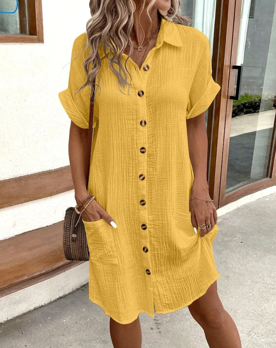 Vintage Solid Cotton-Linen Look Dress